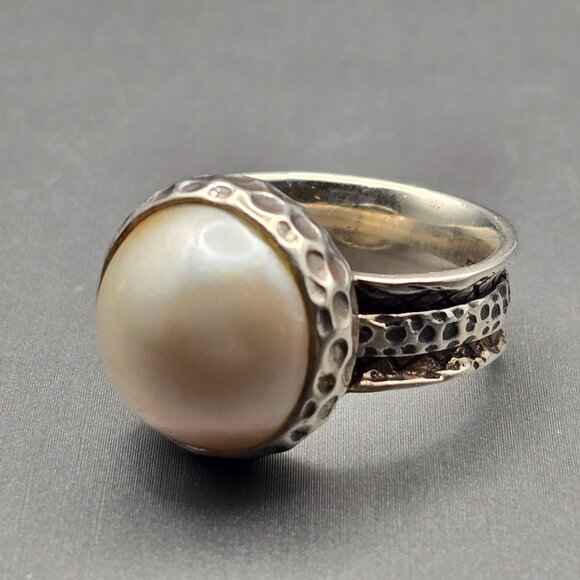 Sterling Silver Cultivated Mabe 14.8mm Pearl Ring Size 9.5 Textured Fidget 11g - Picture 1 of 11
